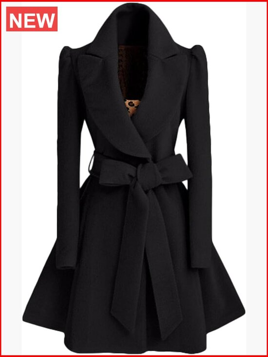 Jackets & Blazers - Double Breasted Wool Blend Peacoat with Peak Lapels and Belt